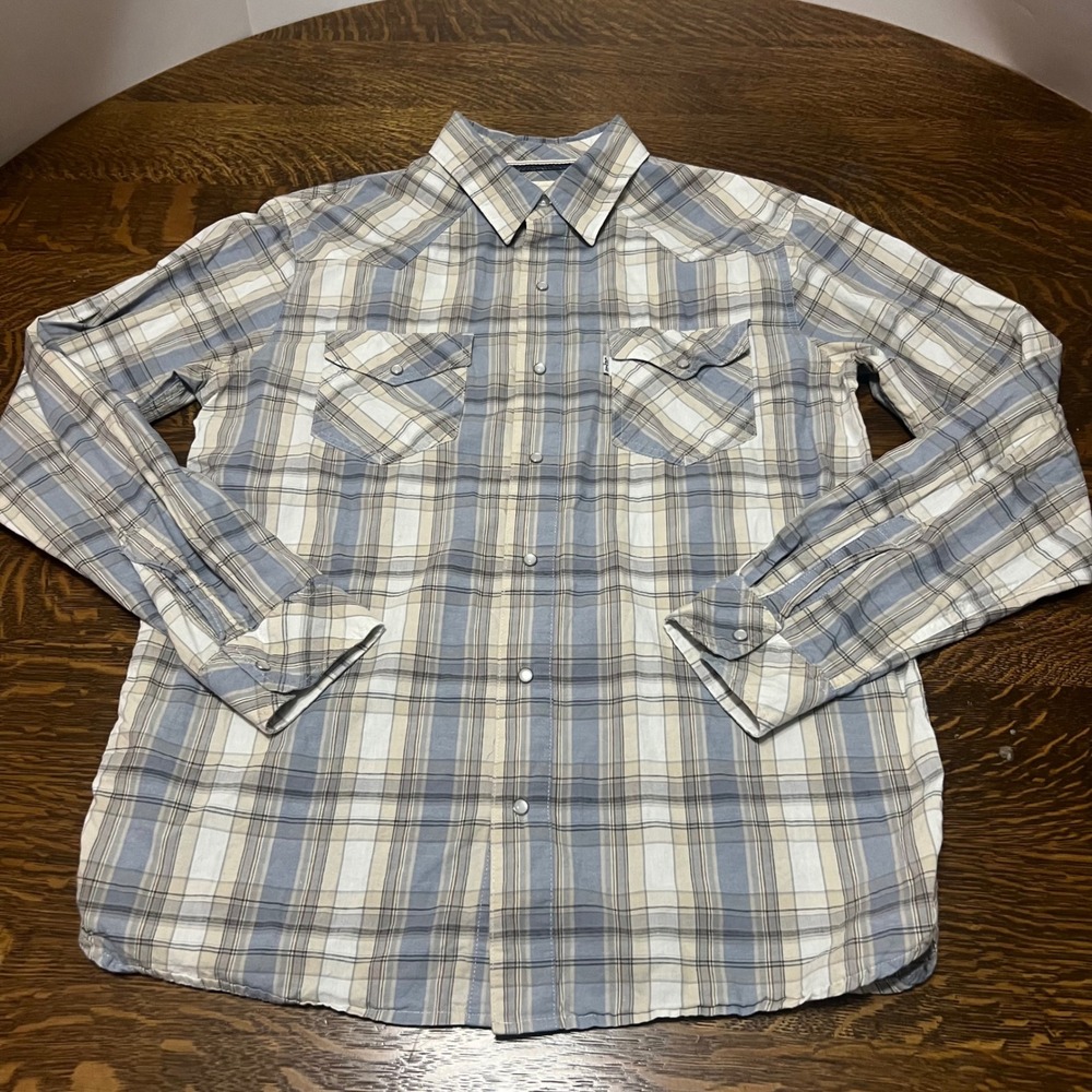 Levi Strauss Western Shirt Mens Medium Blue Plaid Pearl Snap Long Sleeve Regular